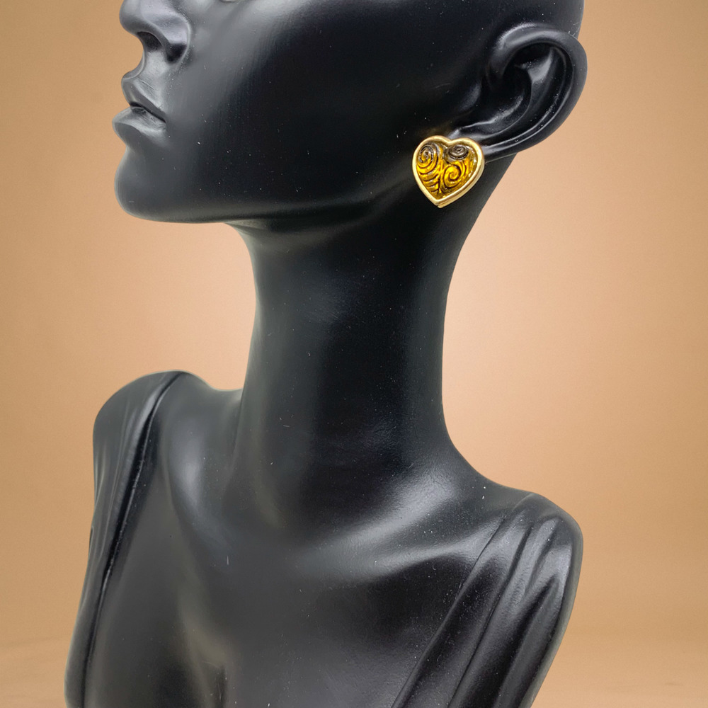 Vintage NEW 1990s Y2K Heart Earrings Amber Acrylic Gold Tone Pierced Unbranded